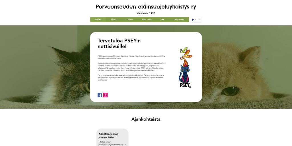 Kuva PSEYn sivuston etusivusta uudistuksen jälkeen